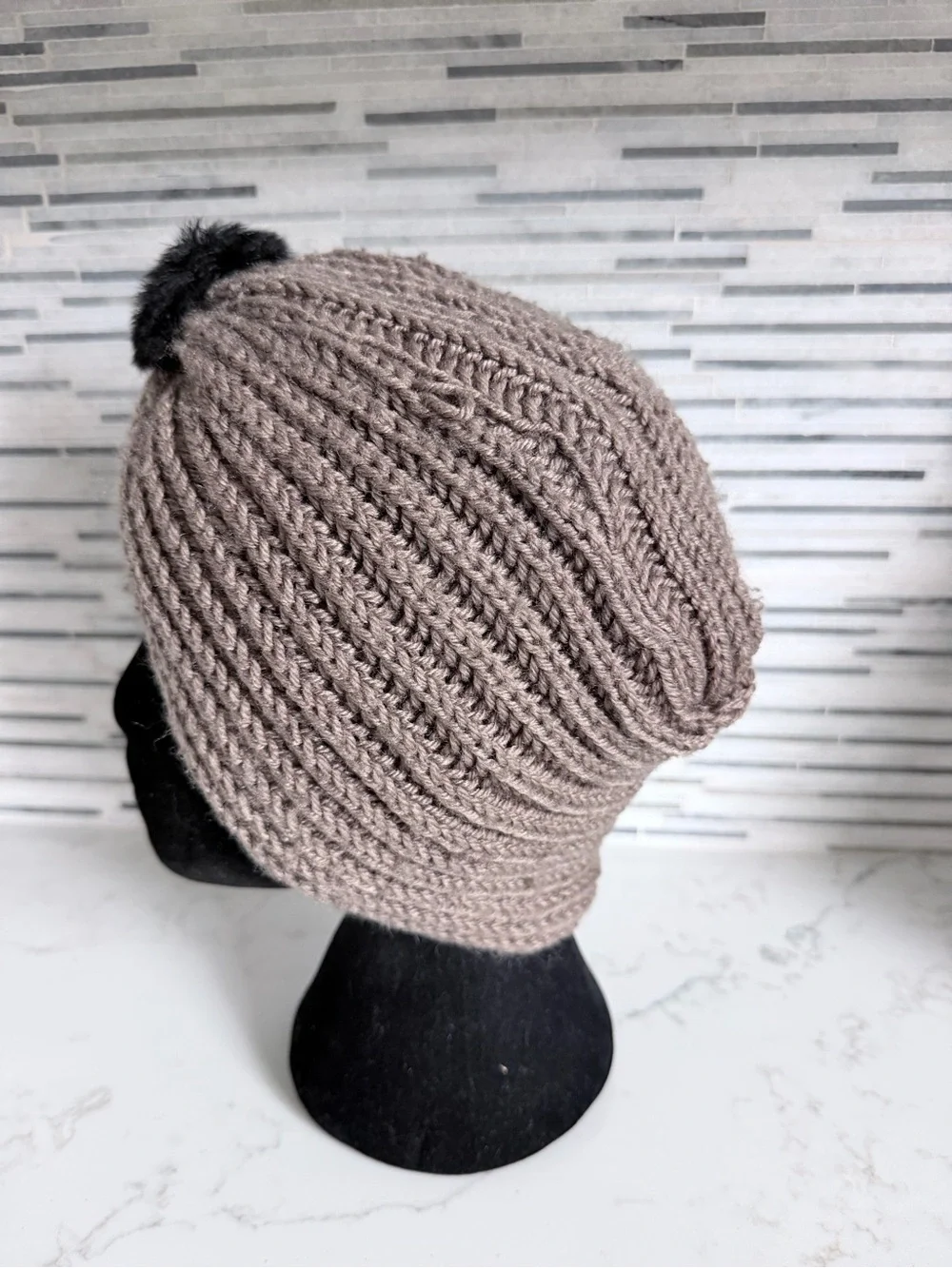 Knit Turban Headband with Black Fur Rosette - Taupe